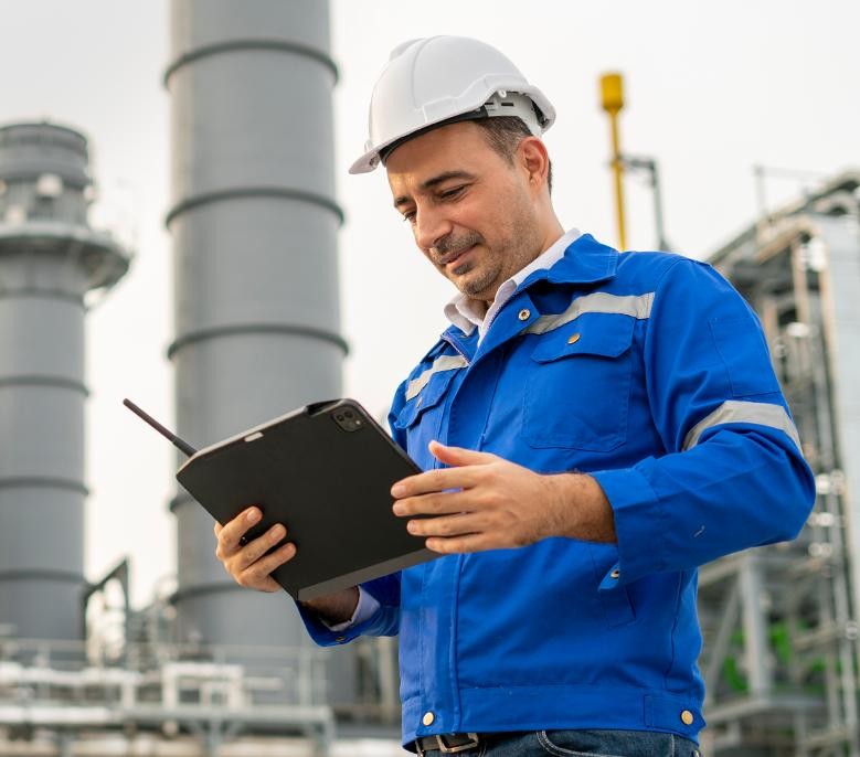worker checking tablet at plant