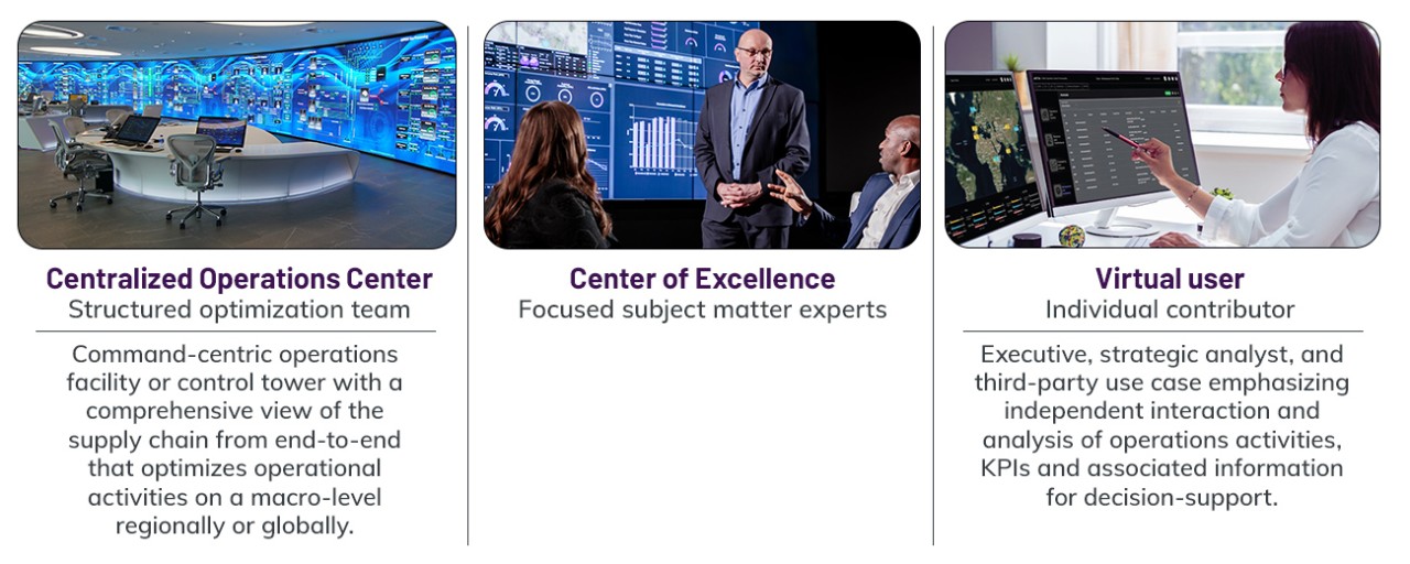 Combinations of physical and virtual center of excellence visualization