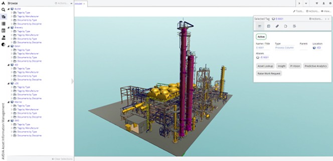 Uma visualização 3D no AVEVA Asset Information Management